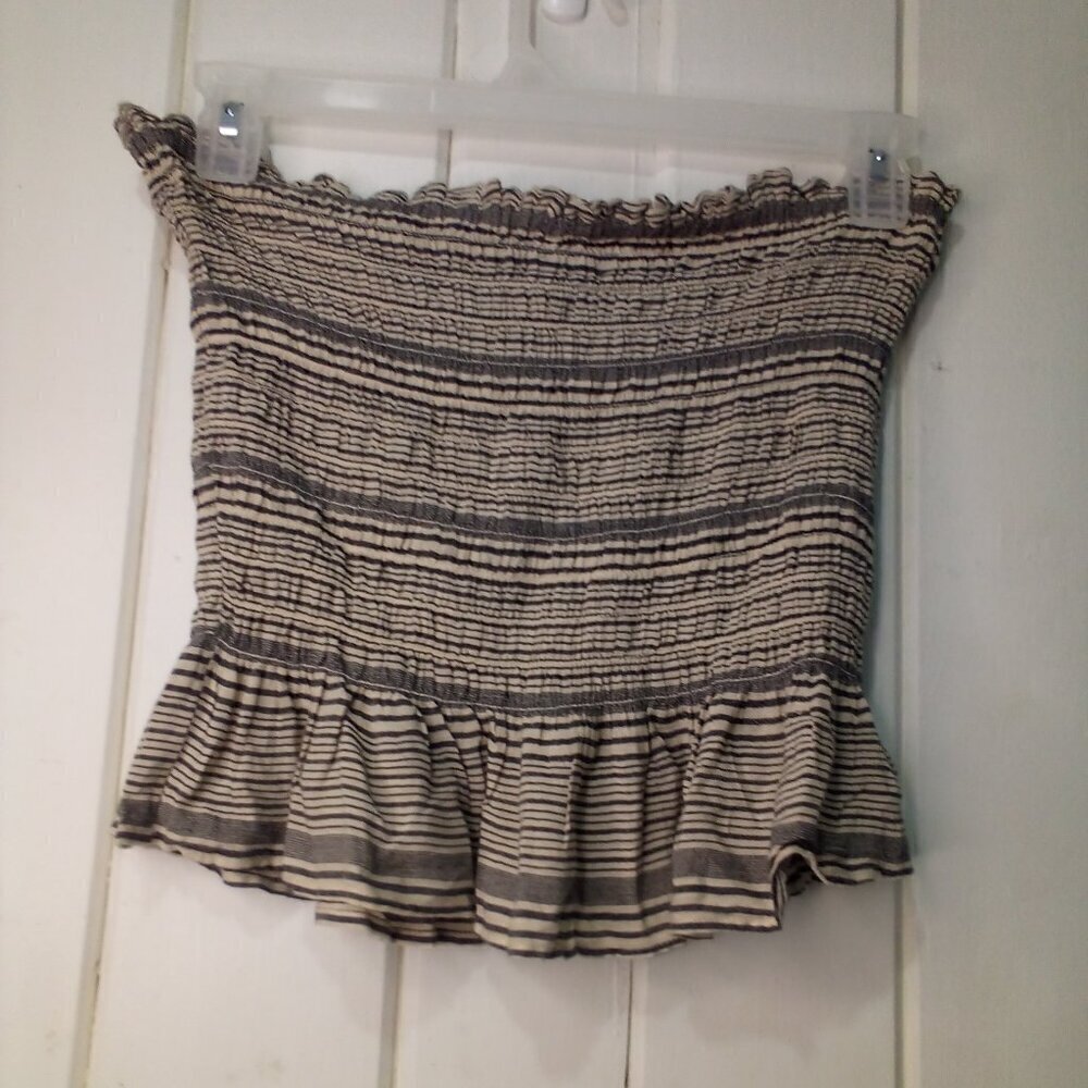 American Eagle Shirt Women L Bandeau Tube Smocked Ruffle Sleeveless Gray Tan